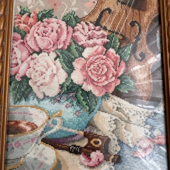 Vintage Framed Needlepoint Violin Flowers Floral Cross Stitch Art Wall - Picture 4 of 8
